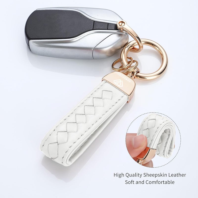 Hamdecro Store Genuine Leather Car Keychain, Handmade Knit Sheepskin Key chains for Women, Universal Key Fob Holder with 360 Degree Rotatable, Anti-Lost D-Ring, 2 Keyrings and 1 Screwdriver – White - Image 2